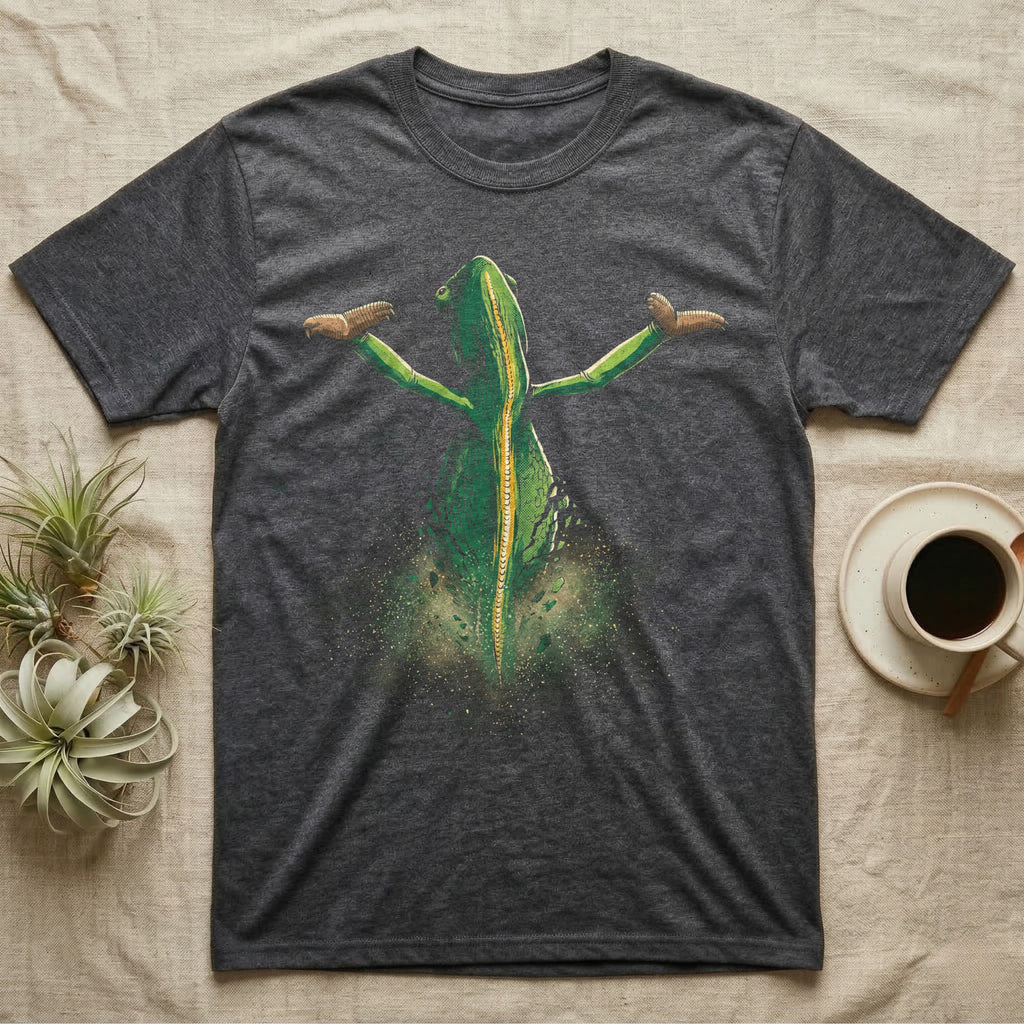 Vintage comic illustration of a veiled chameleon seen from behind, arms raised, lower body dissolving into glowing dust and scale fragments, graphic-only, no text. — shown on a Dark Heather tee.