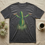 Vintage comic illustration of a veiled chameleon seen from behind, arms raised, lower body dissolving into glowing dust and scale fragments, graphic-only, no text. — shown on a Dark Heather tee.
