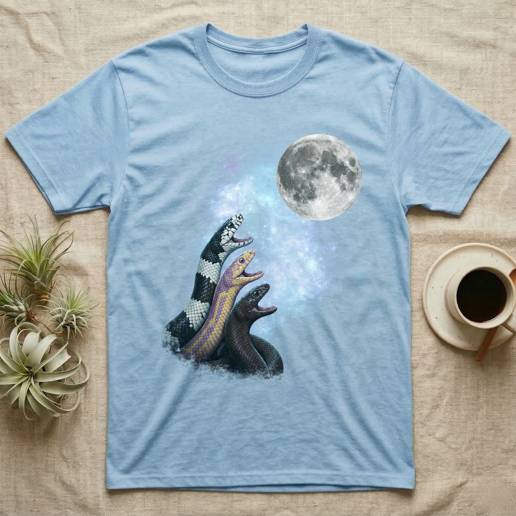 California Kingsnake Moon Howl T-Shirt in Light Blue — Three California Kingsnake colour morphs howling at a full moon over a nebula on a dark grey t-shirt.