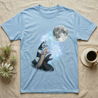 California Kingsnake Moon Howl T-Shirt in Light Blue — Three California Kingsnake colour morphs howling at a full moon over a nebula on a dark grey t-shirt.