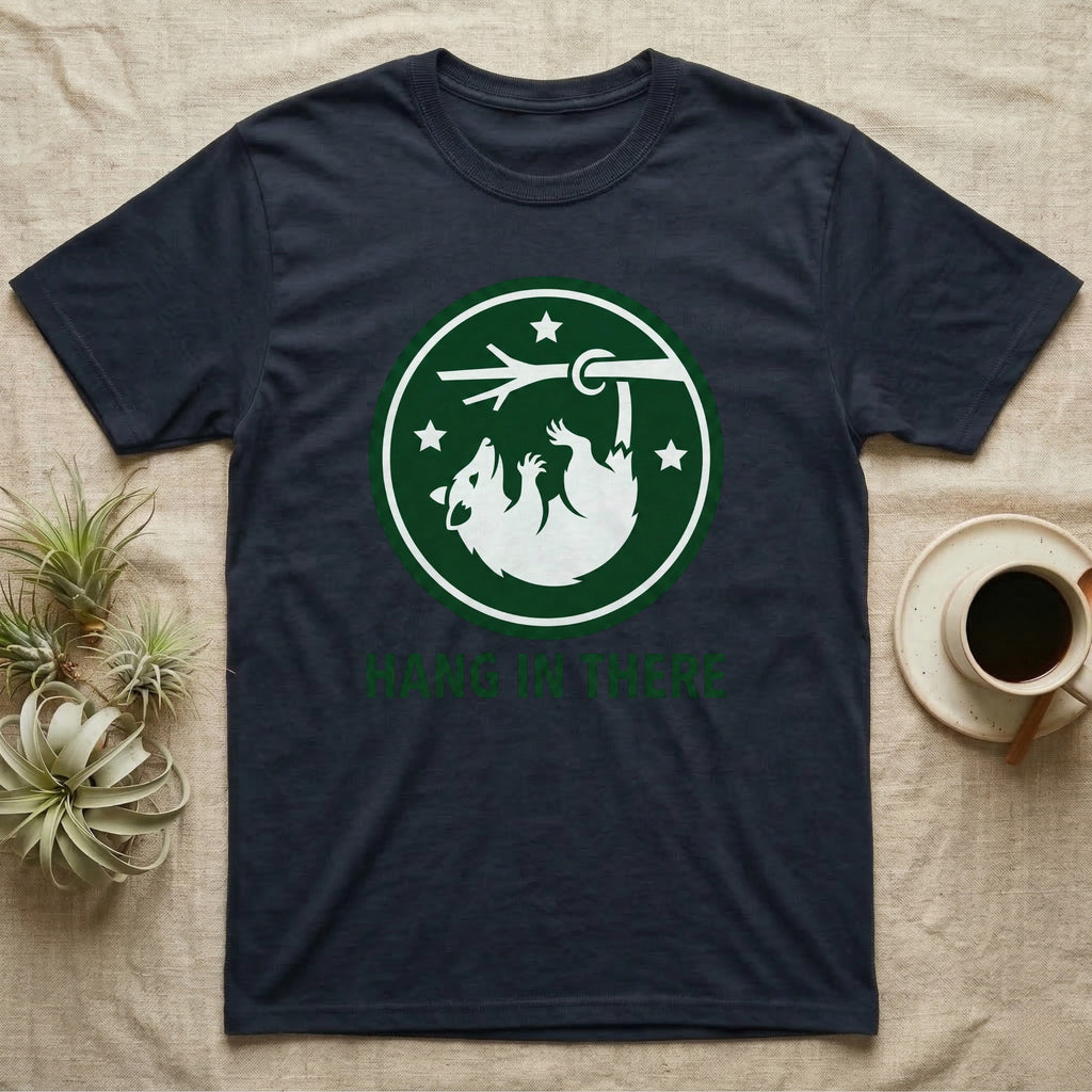 Navy t-shirt with a green circle logo of a raccoon hanging from a branch, text "HANG IN THERE".