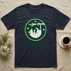 Navy t-shirt with a green circle logo of a raccoon hanging from a branch, text "HANG IN THERE".