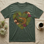 Green t-shirt with a heart-shaped floral design featuring a lizard.