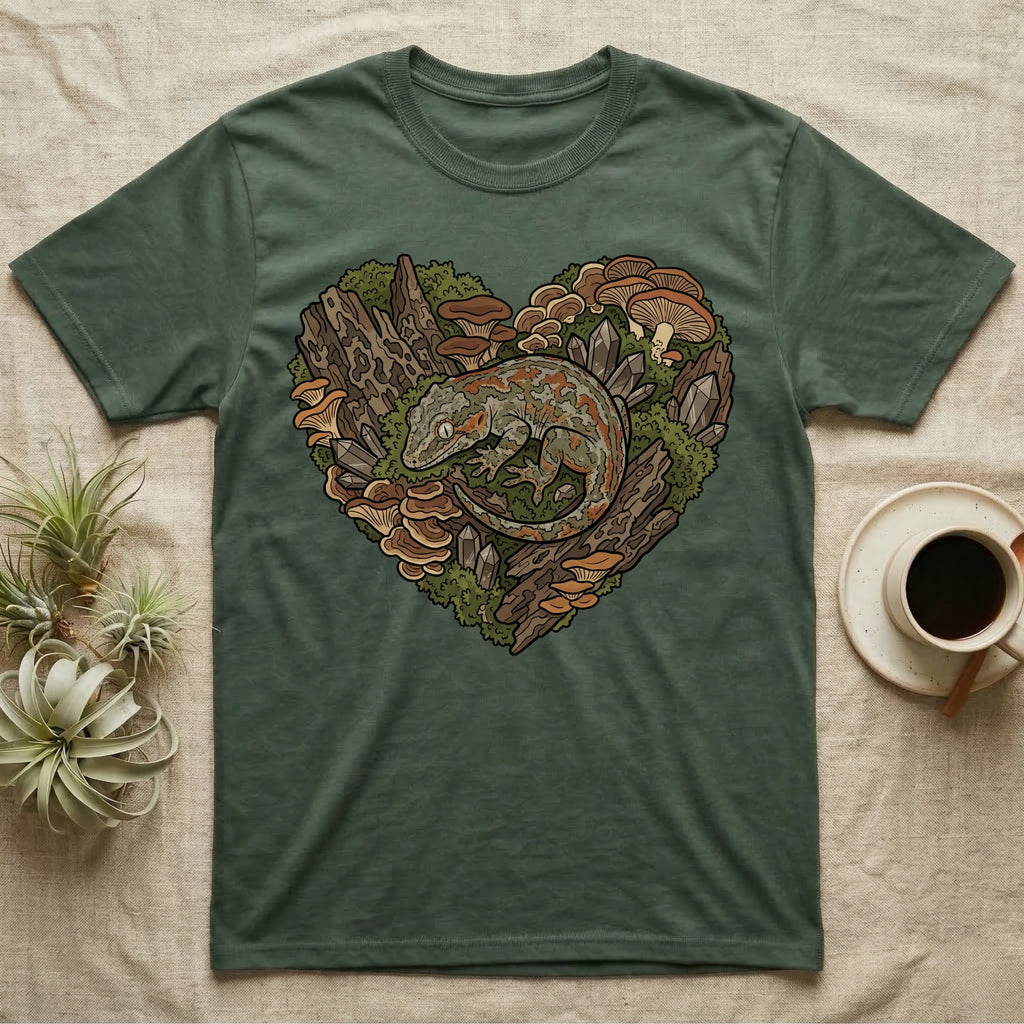 Green t-shirt with heart-shaped gecko, mushrooms, and crystals illustration.
