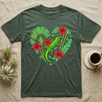 Green gecko on heart of tropical leaves and red hibiscus flowers.