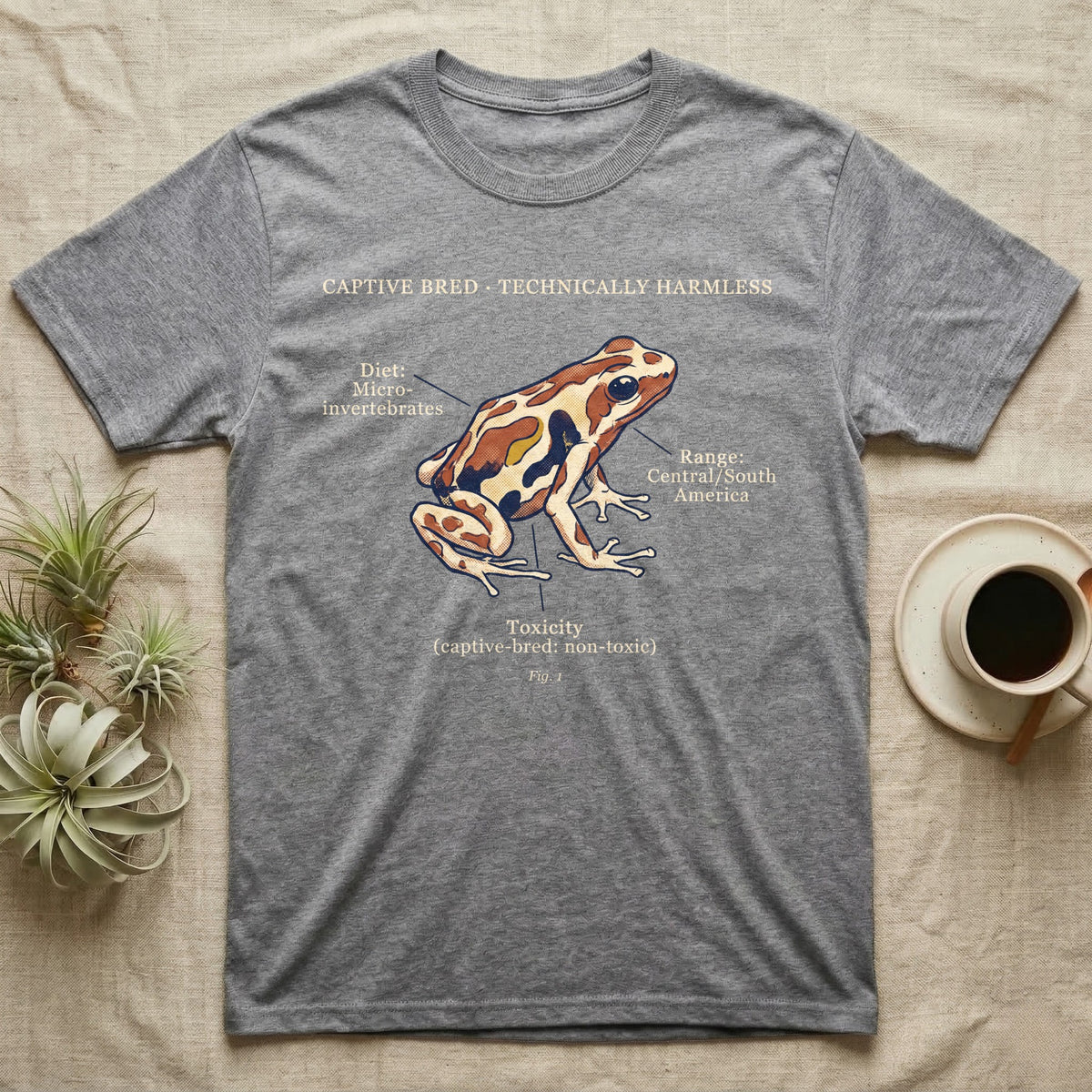 Captive Bred Dart Frog T-Shirt in Sport Grey — Retro science-plate illustration of a labeled dart frog with field-guide callouts and a captive-bred non-toxic note.