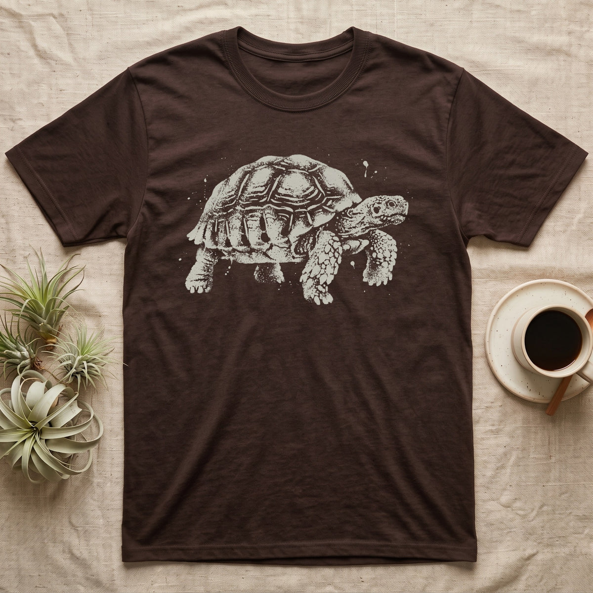 Sulcata Bleach Spatter T-Shirt in Dark Chocolate — Sulcata tortoise marching to the right, head up and one scaly front leg mid-step, formed from pale bleach spatter on black.