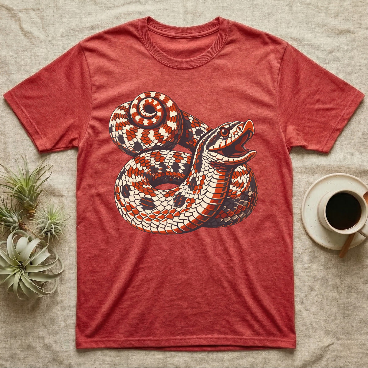 Hognose Snake Hood Flare T-Shirt in Heather Red — Bold three-colour screen-print illustration of a coiled western hognose snake with its neck flared into a hood and mouth open, no on-shirt text.