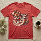 Hognose Snake Hood Flare T-Shirt in Heather Red — Bold three-colour screen-print illustration of a coiled western hognose snake with its neck flared into a hood and mouth open, no on-shirt text.