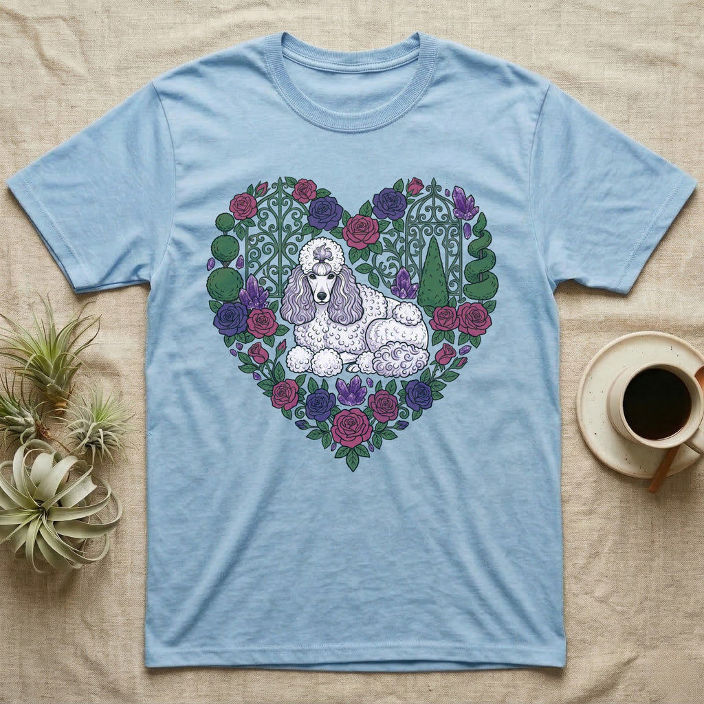 Light blue t-shirt with a poodle and floral heart design.