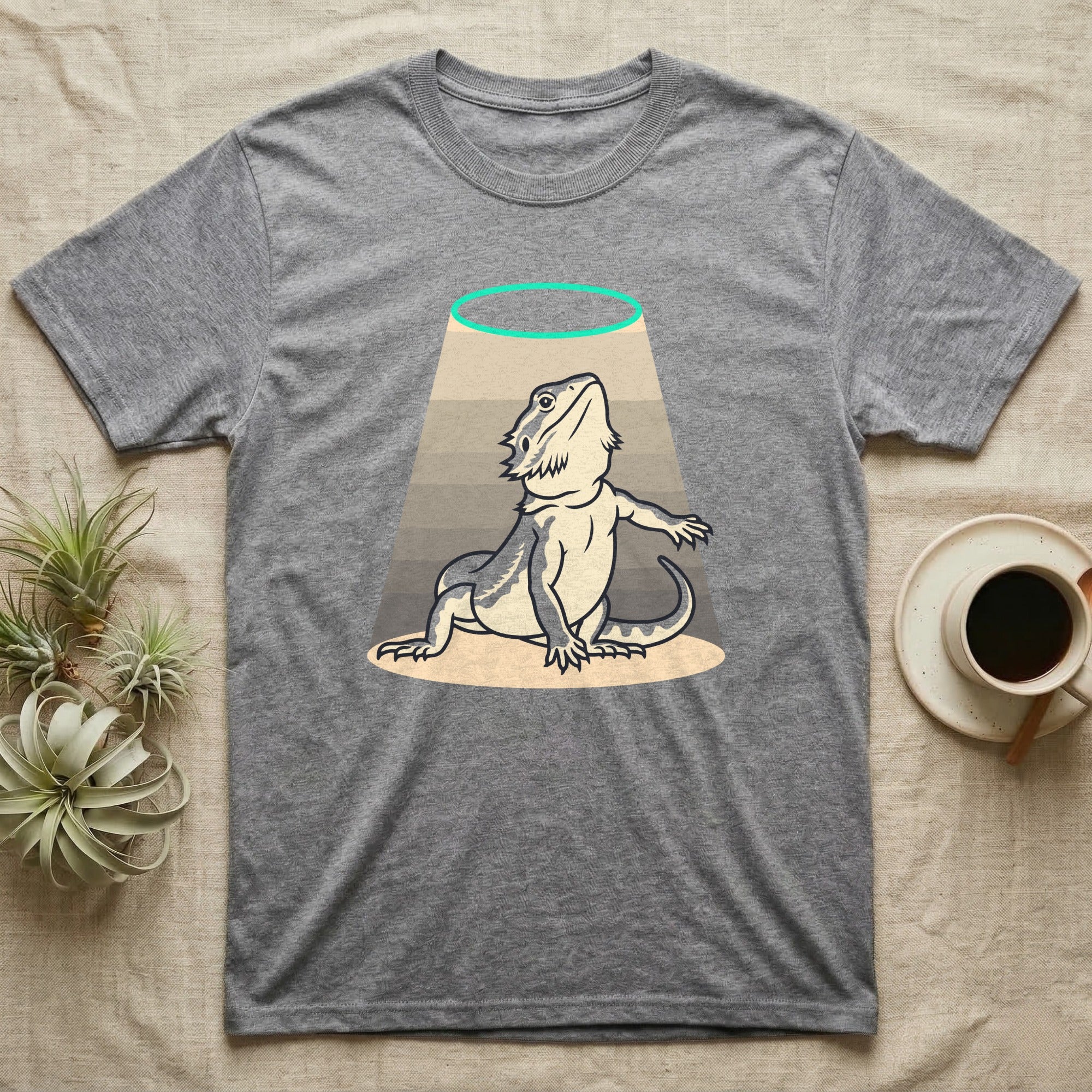 Bearded Dragon Diva T-Shirt in Sport Grey — Bold vector illustration of a bearded dragon in a dramatic stage pose under a soft spotlight, chin lifted.