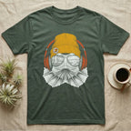 Frilled Lizard Headphones T-Shirt in Military Green — Engraved frilled lizard with fanned frill in a beanie and headphones, aviators reflecting savannah woodland.