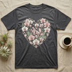 Dark gray t-shirt featuring a heart-shaped floral design with a praying mantis.