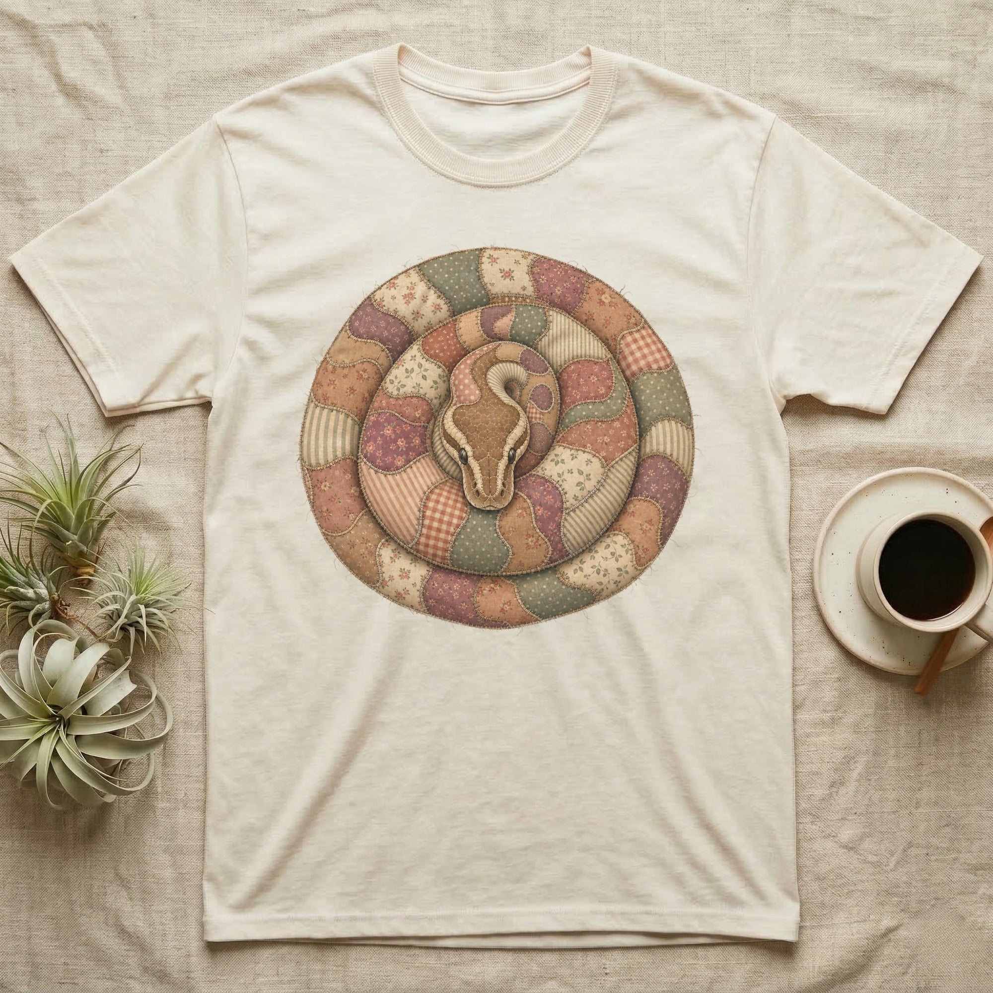 Cream t-shirt with a coiled snake design made of patchwork fabric.