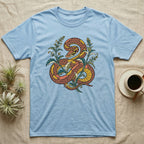 Light blue t-shirt with a coiled snake and floral design.