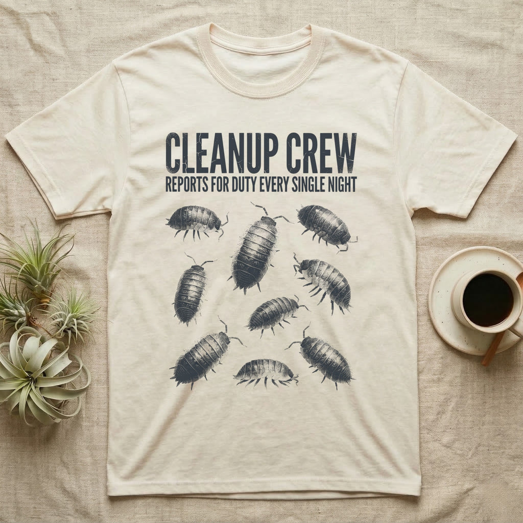 Isopod Cleanup Crew T-Shirt in Natural — One-ink scattered illustration of nine isopods with "Cleanup Crew Reports for Duty" workwear-style lettering.