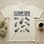 Isopod Cleanup Crew T-Shirt in Natural — One-ink scattered illustration of nine isopods with "Cleanup Crew Reports for Duty" workwear-style lettering.
