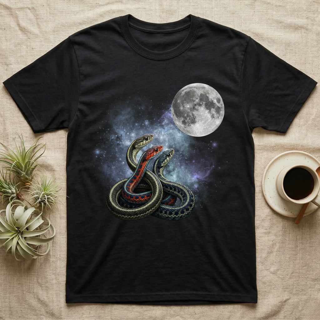 Garter Snake Moon Howl T-Shirt in Black — Three Garter Snake colour morphs howling at a full moon over a nebula on a dark grey t-shirt.