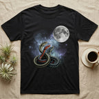 Garter Snake Moon Howl T-Shirt in Black — Three Garter Snake colour morphs howling at a full moon over a nebula on a dark grey t-shirt.