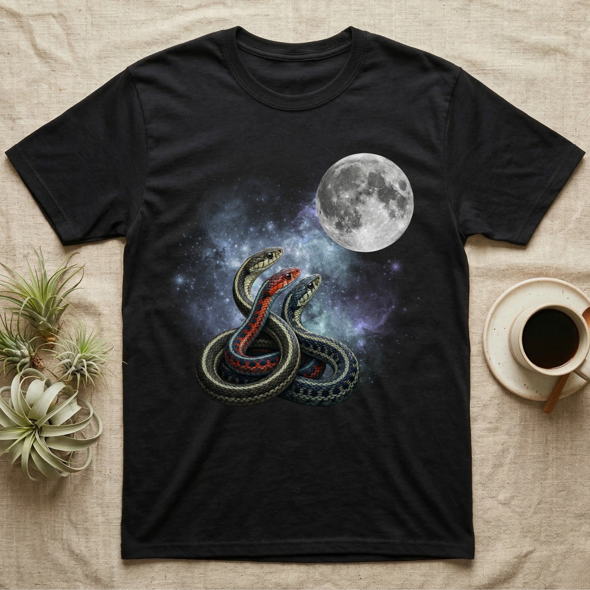 Garter Snake Moon Howl T-Shirt in Black — Three Garter Snake colour morphs howling at a full moon over a nebula on a dark grey t-shirt.
