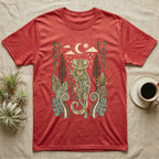 Crested Gecko Rainforest T-Shirt in Heather Red — Linocut-style crested gecko clinging to a branch under a crescent moon, framed by rainforest ferns, pines and leaves.