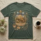 Green t-shirt with a watercolor illustration of a gecko in a terrarium with floral accents.