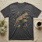 Dark grey t-shirt with a leaping spotted wildcat and blue wave motif.
