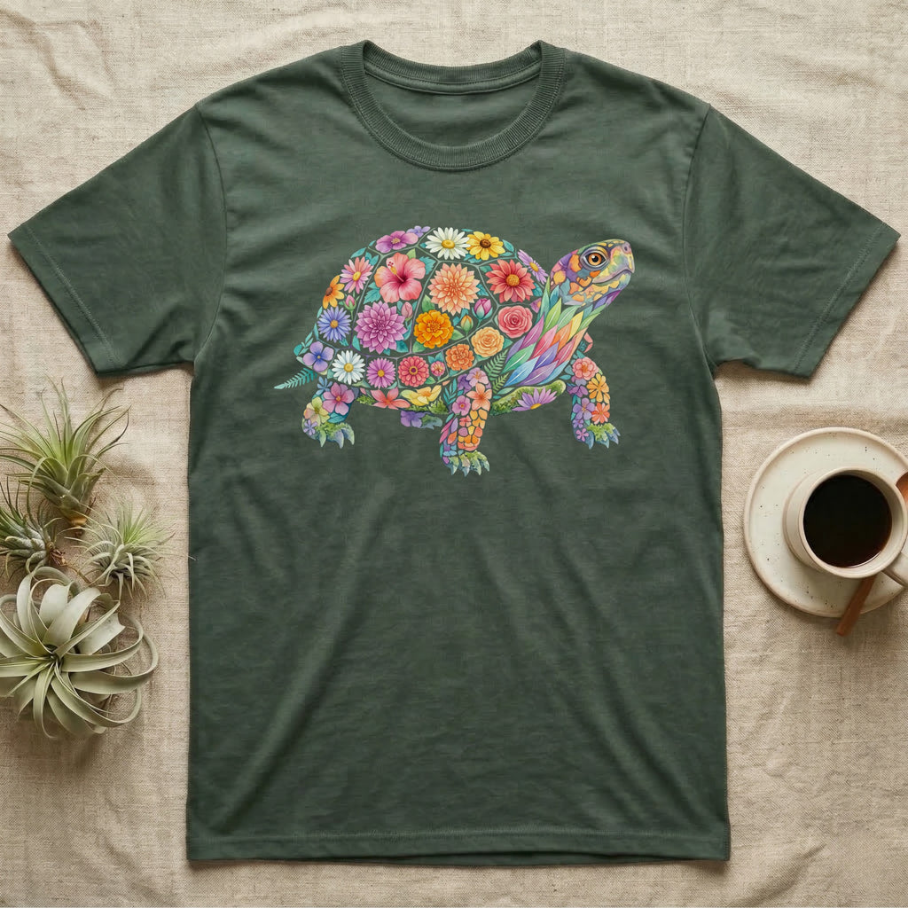 Box Turtle Mosaic T-Shirt in Military Green — An eastern box turtle on a rising diagonal, its domed shell and legs built from painted watercolour flowers and leaves.