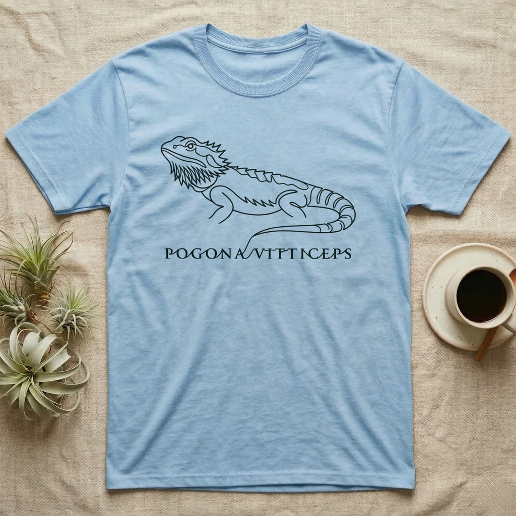 Light blue t-shirt with black bearded dragon graphic and text.