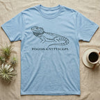 Light blue t-shirt with black bearded dragon graphic and text.