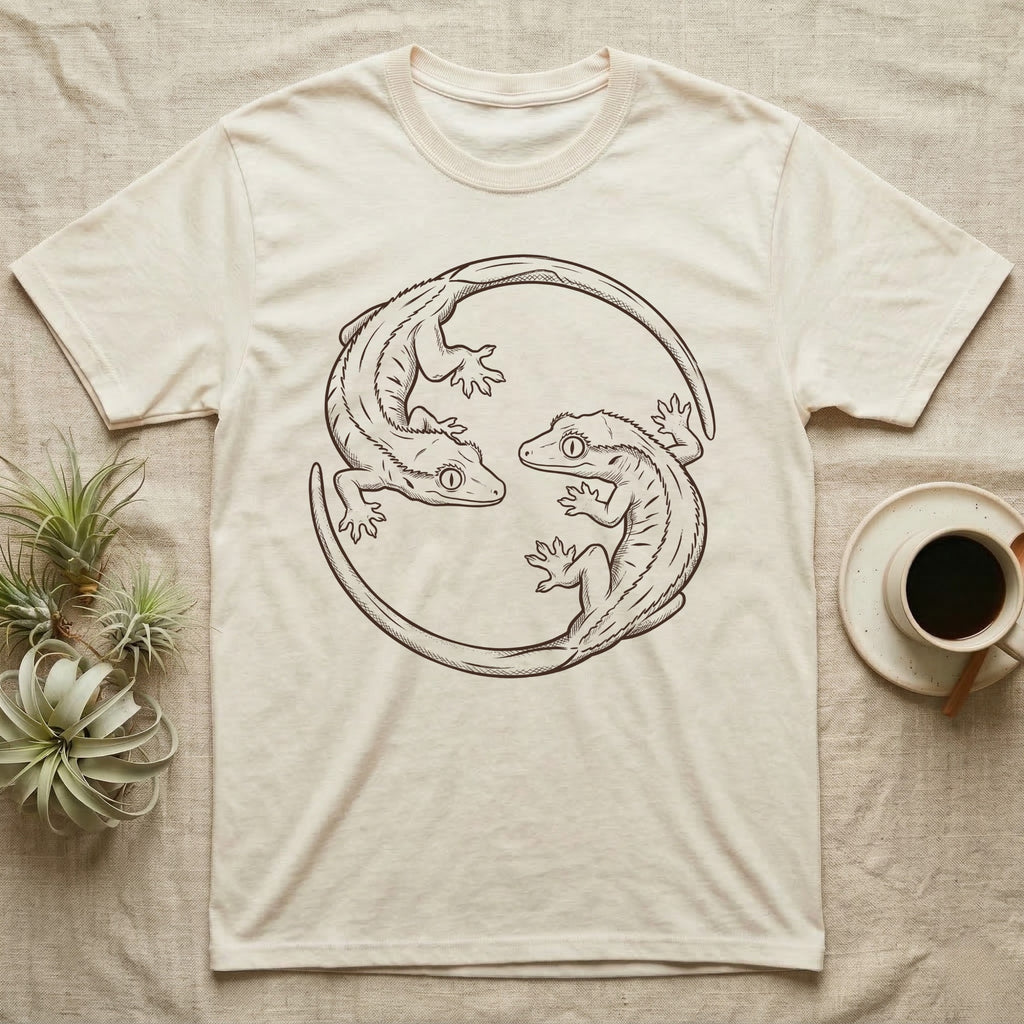 Crested Gecko Roundel T-Shirt in Natural — Two crested geckos in mahogany brush line art, rotated 180 degrees into a circular roundel closed by their own tails.