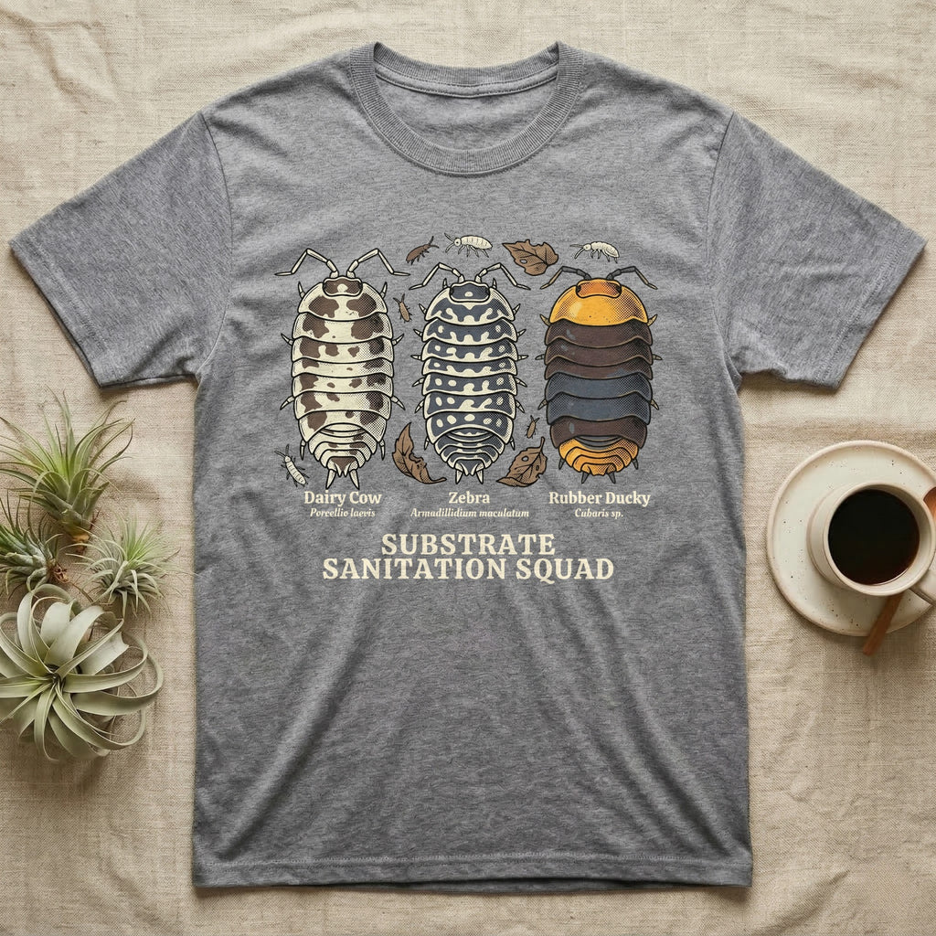 Isopod Substrate Sanitation Squad T-Shirt in Sport Grey — Engraved chart of dairy cow, zebra and rubber ducky isopods labelled with their scientific names.