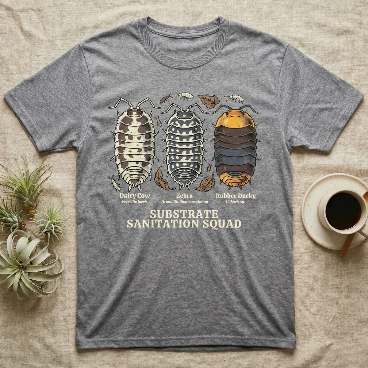 Isopod Substrate Sanitation Squad T-Shirt in Sport Grey — Engraved chart of dairy cow, zebra and rubber ducky isopods labelled with their scientific names.