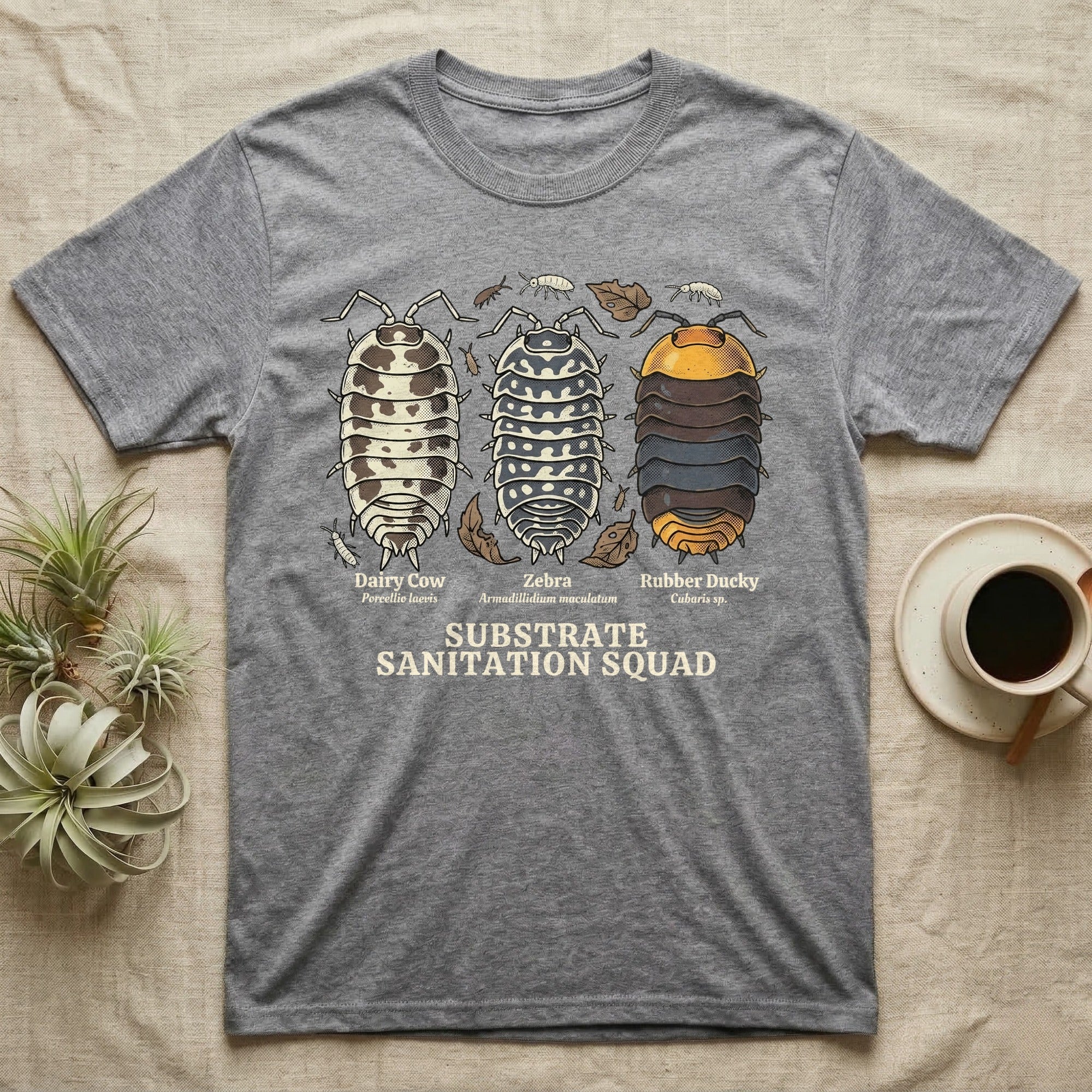 Isopod Substrate Sanitation Squad T-Shirt in Sport Grey — Engraved chart of dairy cow, zebra and rubber ducky isopods labelled with their scientific names.