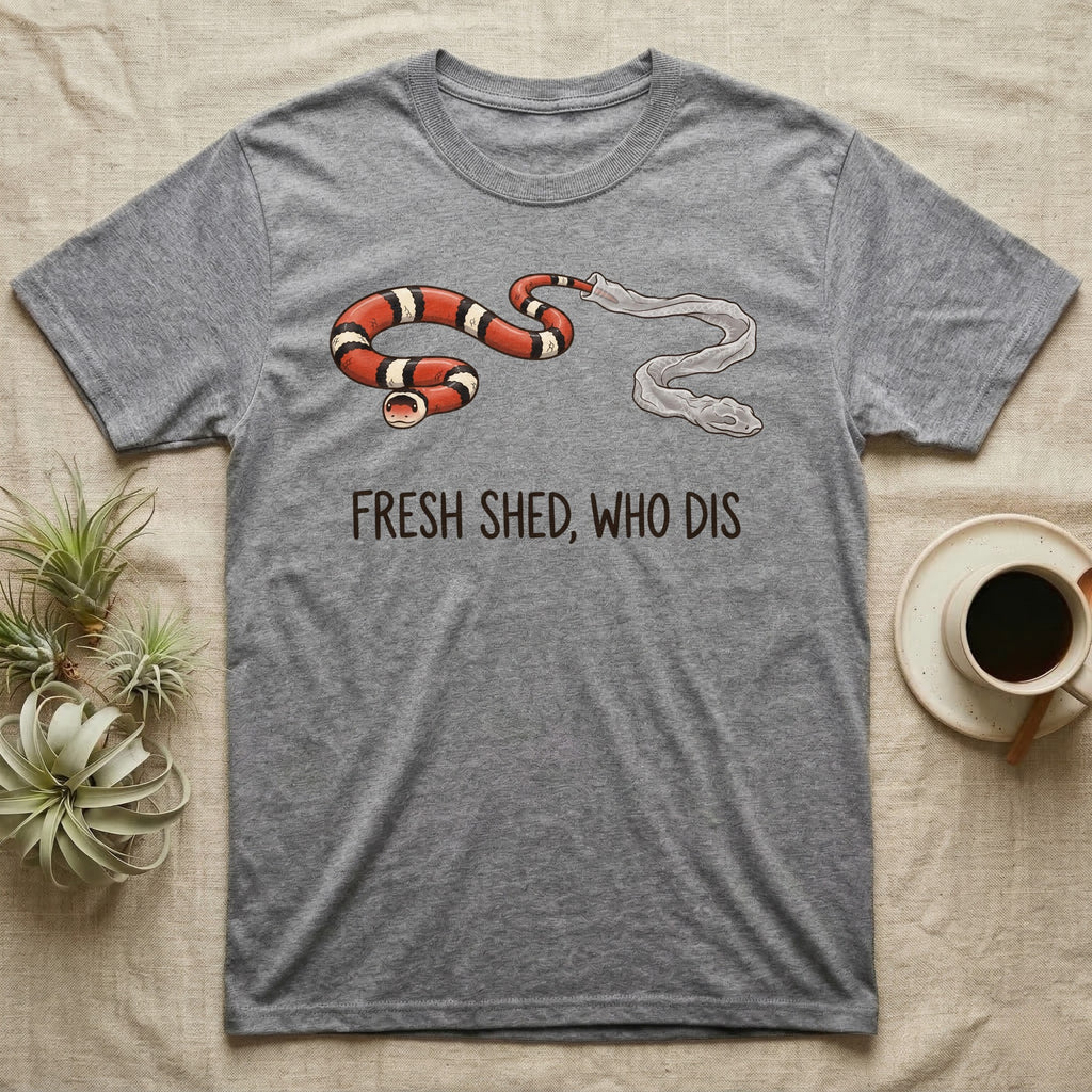 Milk Snake Shed T-Shirt in Sport Grey — Glossy red, black and white milk snake with its tail still in its translucent shed skin above the words FRESH SHED, WHO DIS