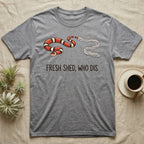 Milk Snake Shed T-Shirt in Sport Grey — Glossy red, black and white milk snake with its tail still in its translucent shed skin above the words FRESH SHED, WHO DIS