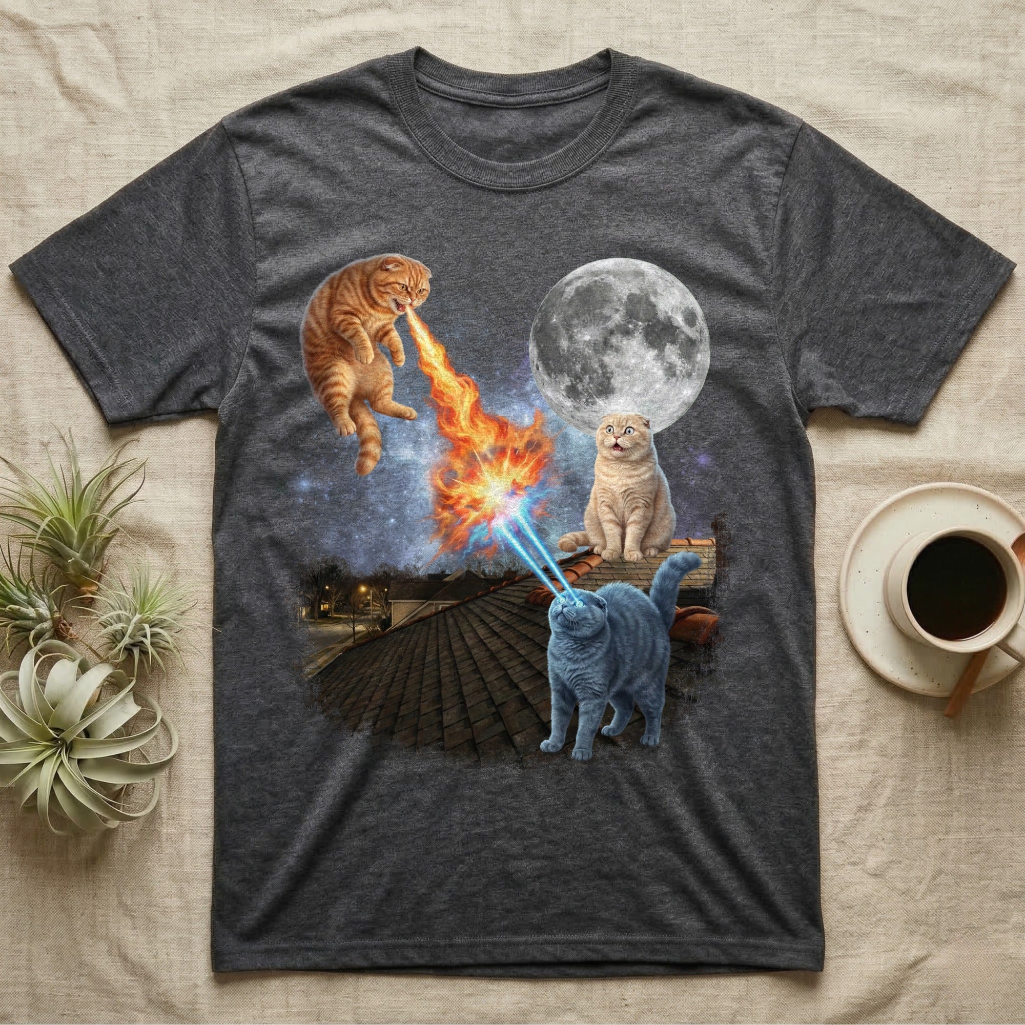 T-shirt with cats shooting lasers at moon and fire.