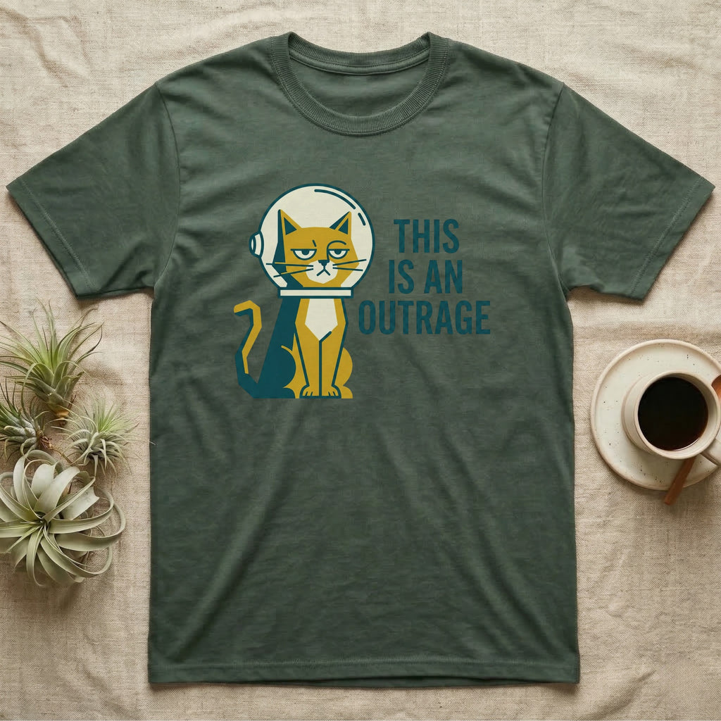 T-shirt with a grumpy astronaut cat and the text "This is an outrage".