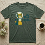 T-shirt with a grumpy astronaut cat and the text "This is an outrage".