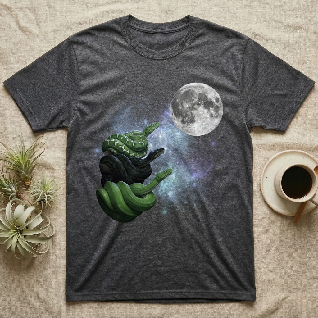 Emerald Tree Boa Moon Howl T-Shirt in Dark Heather — Three Emerald Tree Boa colour morphs howling at a full moon over a nebula on a dark grey t-shirt.