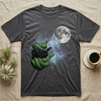 Emerald Tree Boa Moon Howl T-Shirt in Dark Heather — Three Emerald Tree Boa colour morphs howling at a full moon over a nebula on a dark grey t-shirt.