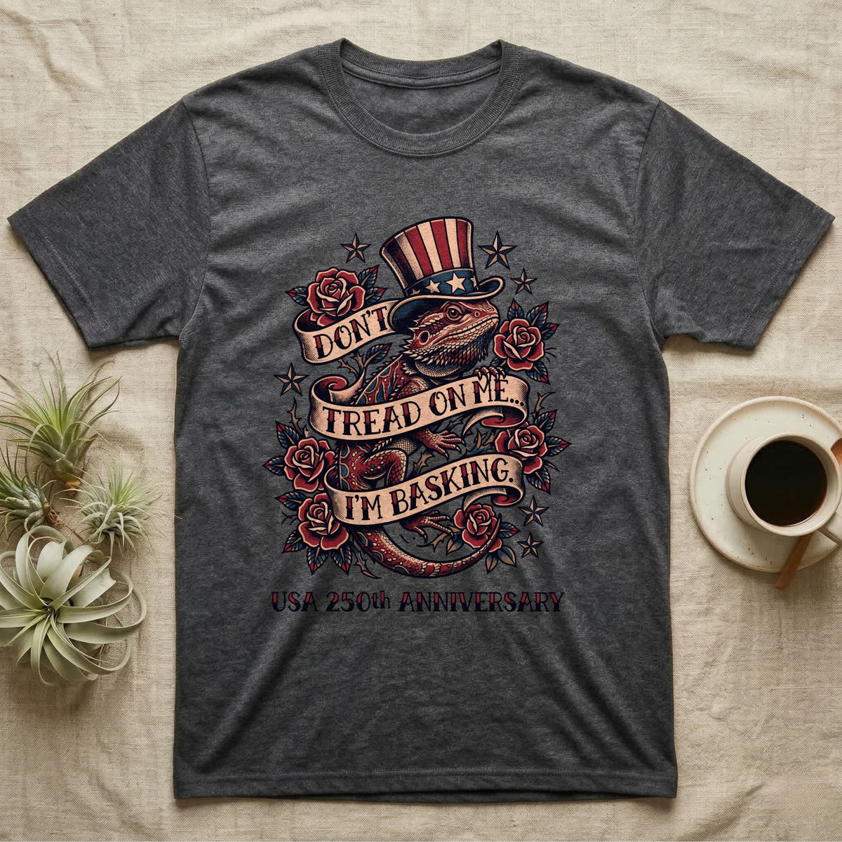 Bearded Dragon Tattoo T-Shirt in Dark Heather — Tattoo-flash bearded dragon in a star top hat among roses with banners reading Don't Tread On Me I'm Basking.