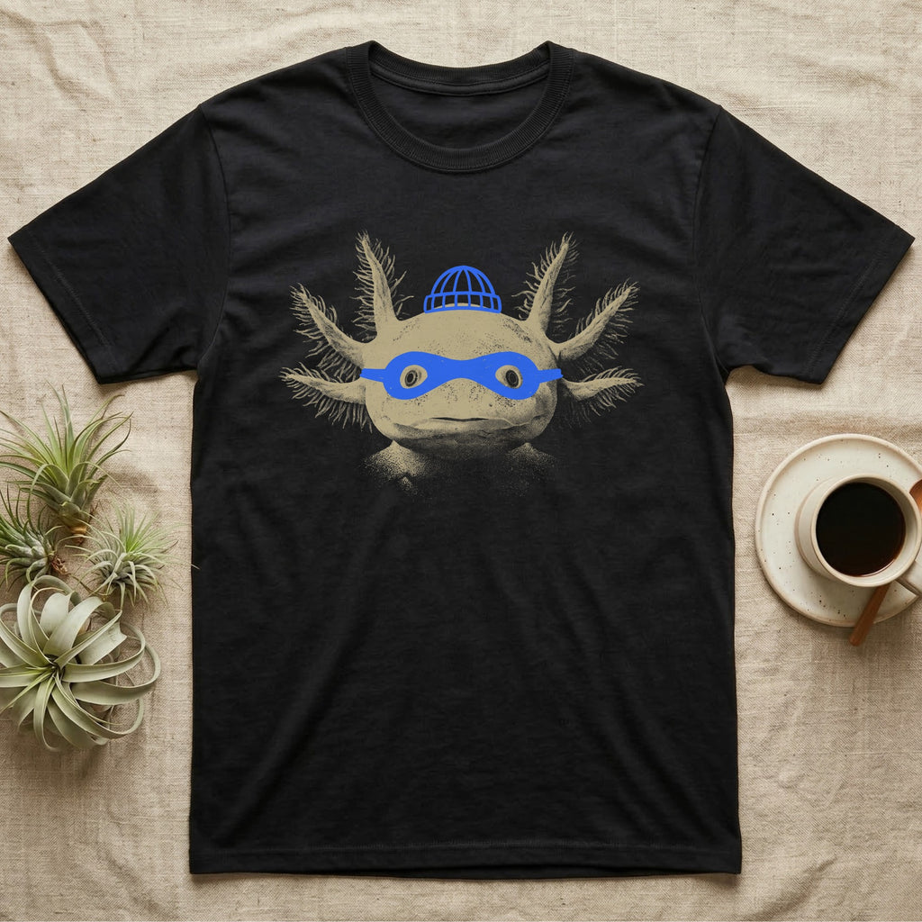 Axolotl Robber Mask T-Shirt in Black — An axolotl's face with a blue marker burglar mask and beanie drawn on the glass.