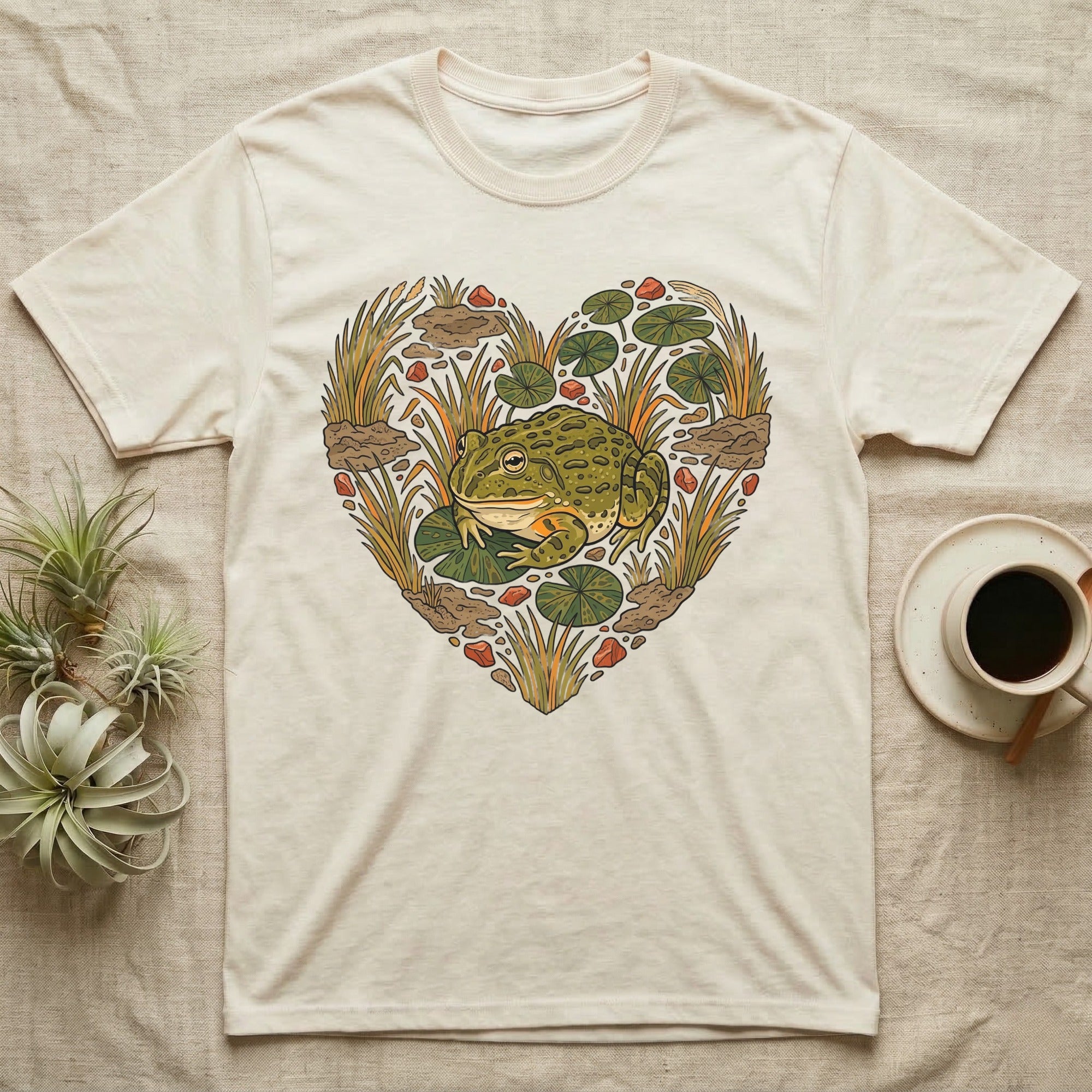 T-shirt with a heart-shaped illustration of a frog and lily pads.