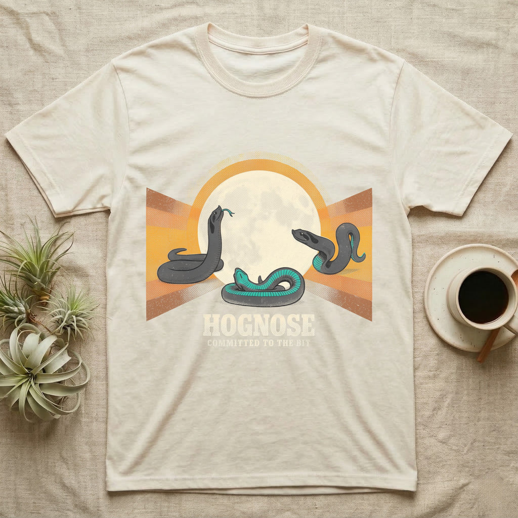 Three Hognose Moon Tee in Natural — Retro-illustration of three western hognose snakes in distinct death-feign poses around a stratified halftone full moon.