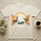 Three Hognose Moon Tee in Natural — Retro-illustration of three western hognose snakes in distinct death-feign poses around a stratified halftone full moon.