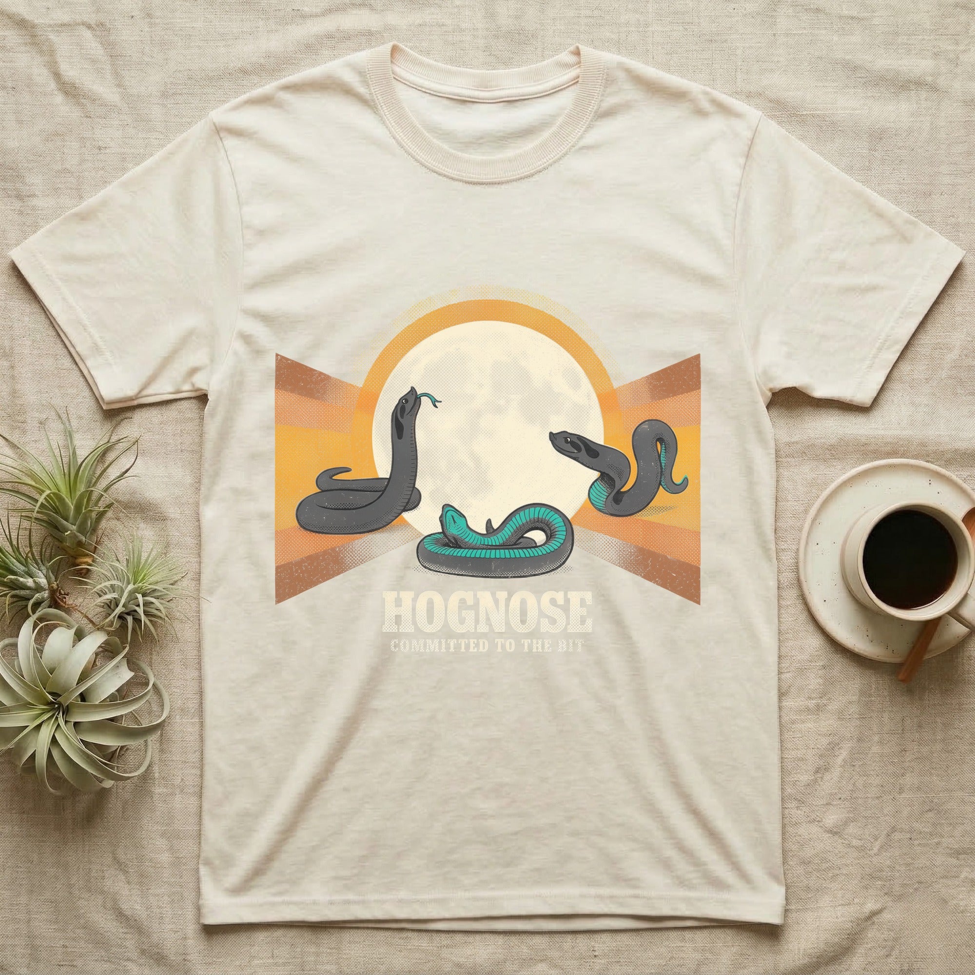Three Hognose Moon Tee in Natural — Retro-illustration of three western hognose snakes in distinct death-feign poses around a stratified halftone full moon.