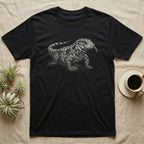 Black t-shirt featuring a detailed, monochromatic illustration of a tegu lizard.
