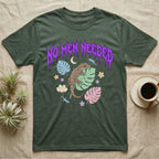 Mourning Gecko Feral T-Shirt in Military Green — Mourning gecko on a leaf flanked by clone silhouettes under a jagged violet metal "NO MEN NEEDED" wordmark.