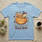 Bearded Dragon Gourd Times T-Shirt in Light Blue — Cartoon bearded dragon in a witch hat lounging in a jack-o'-lantern, "Just Here for the Gourd Times."